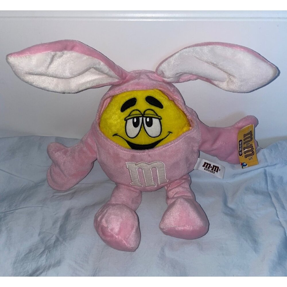 M&M's World Plush Yellow Easter Bunny Suit Pink Bendable Ears With Tags 12"
